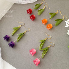 Tulip Floral Earrings, 3D Tulip flower dangle earrings, Purple Tulip Earrings, Unique Floral gift for her