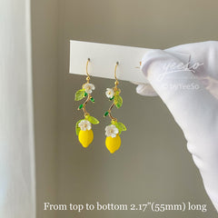 Lemon and Flower earrings - glass Lemon drop earrings - fruit drop earrings