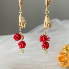 Handpicked Rose Huggie Earrings - The hand and red rose flower huggie hoops - Hand-Shaped Pendant Earrings - valentine’s day gift for her
