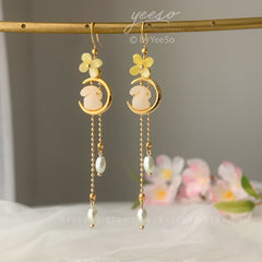 Moon Bunny Blossom Earrings - Celestial rabbit Pearl Earrings - Japanese gold Osmanthus Floral Earring