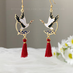 Crane with Red Tassel Earrings Dangle, Japanese Crane Earrings, Oriental Red Earrings, unique earrings Dangle