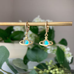 Planet and Star Huggie Hoop Earrings - Gold Saturn Planet Huggie Hoops