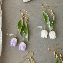 3D Tulip flower dangle earrings, Handmade shrink plastic tulip drop earrings, Pink Orange White purple tulips, Unique gift for her