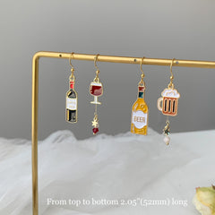 Beer bottle and beer mug earrings, red wine bottle and glass earrings, unique asymmetry Miniature Earrings