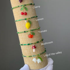 Fruit Bracelet, Strawberry Bracelet, Lemon Bracelet, Fruit Jewelry, Orange, Cherry, Grape, Mushroom, Lily of the valley, Fun Bracelet Gift