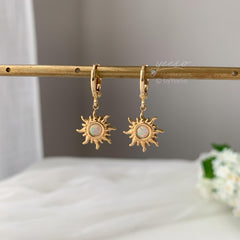 Gold Sun Charm Huggie Hoop Earrings, Sun Opal Earrings, Gold plated sun opal stone earrings