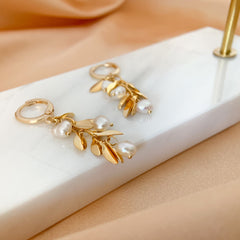Nature-Inspired Gold Leaf Earrings with Pearls, Delicate Tree Branch Design Jewelry