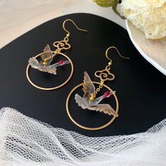 Crane Earrings with Clouds and Waves - Japanese Crane Asymmetrical unique earrings Dangle - Oriental earrings