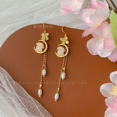 Moon Bunny Blossom Earrings - Celestial rabbit Pearl Earrings - Japanese gold Osmanthus Floral Earring