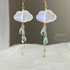 Rain Cloud Earrings Dangle - Fun white Cloud long drop earrings