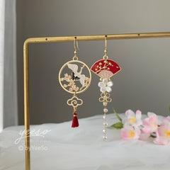 Crane and Fan Earrings with Cherry Blossom - Red Japanese Asymmetrical Fan unique earrings Dangle - Oriental earrings