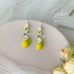Lemon and Flower earrings - glass Lemon drop earrings - fruit drop earrings