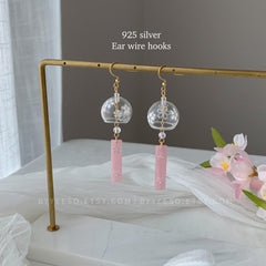 Cherry Blossom Wind Chime Earrings Dangle - Japanese Wind Chime - Wind Bell Earrings - Japanese PinkSakura Earrings - unique dangle