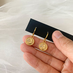 Moon and Star Earrings, Gold Moon Star Circle Charm Earrings, Celestial Huggie Hoop Earrings