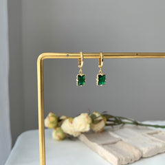 Emerald Green baguette hoops - Huggie Hoops Earring - Gemstone Dainty Minimalist Earrings