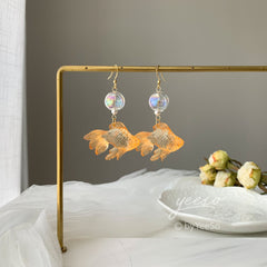Goldfish and Bubble Dangle Earrings - fish earrings - Unique Dangle