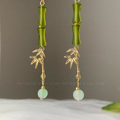 Green Bamboo Drop Dangling Earrings, Bamboo Handmade Earrings, unique dangle