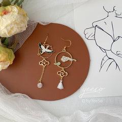 Crane Earrings with White Clouds and Waves - Sun and Cloud Japanese Asymmetrical Asymmetrical unique earrings Dangle - Oriental earrings