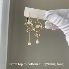 Crane Earrings with White Clouds and Waves - Sun and Cloud Japanese Asymmetrical Asymmetrical unique earrings Dangle - Oriental earrings