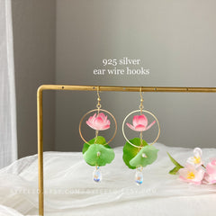 3D Lily pad and Lotus flower dangle earrings - Unique Dangle