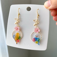 Cherry Blossom and Bird Earrings, Pink Sakura Floral Earrings, Japanese flower and bird earrings, unique dangle
