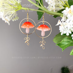Magical mushroom earrings - Red mushroom dangle earring - unique dangle