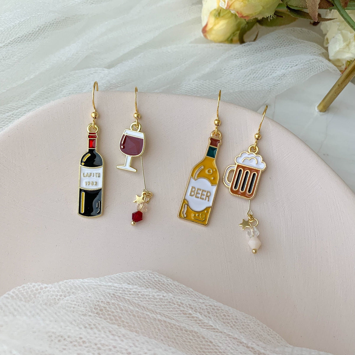 Beer bottle and beer mug earrings, red wine bottle and glass earrings, unique asymmetry Miniature Earrings