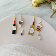 Beer bottle and beer mug earrings, red wine bottle and glass earrings, unique asymmetry Miniature Earrings