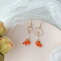 Goldfish and Bubble Dangle Earrings - fish earrings - Unique Dangle