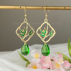 Bamboo teardrop dangle earrings, emerald green glass teardrop earrings, unique dangle