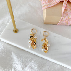 Nature-Inspired Gold Leaf Earrings with Pearls, Delicate Tree Branch Design Jewelry