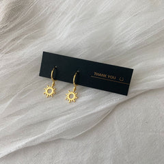 Gold Sun Charm Huggie Hoop Earrings - Sun Dangle Drop Earrings - Gold plated sun earrings