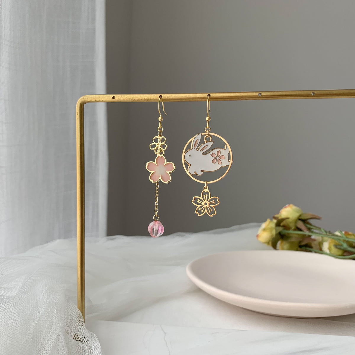 Pink Sakura Cherry Blossom Earrings - Japanese Sakura rabbit Earrings - Rabbit Earrings - Bunny earrings