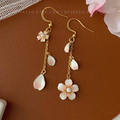 Pink Cherry Blossom Asymmetry Earrings - Japanese Sakura Flower Earrings - Cherry Blossom Earrings - Unique Floral Earrings Dangle