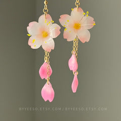 Pink Cherry Blossom Earrings, 3D Cherry Blossom Flower Earrings Dangle, Handmade floral jewelry, Unique Dangle