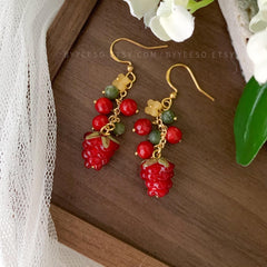 Cute raspberry earrings, red berry earrings, fruit earrings, summer earrings gift for her