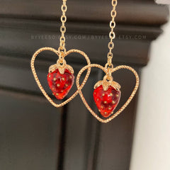 Strawberry Heart Drop Earrings -  Handmade Cute Strawberry Fruit Earrings - Unique Earrings gift for her