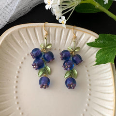 Blueberry Dangle Earrings, Glass Fruit Dangle Earrings, Berry Drop Earrings, Fruit Jewelry Gift For Her
