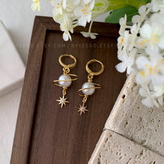 Pearl Planet and Star Huggie Hoop Earrings, Pearl Saturn Planet Earrings Dangle, Universe Statement Earrings