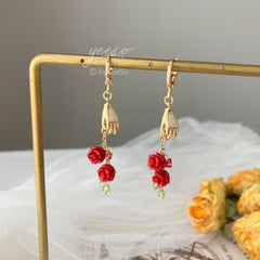 Handpicked Rose Huggie Earrings - The hand and red rose flower huggie hoops - Hand-Shaped Pendant Earrings - valentine’s day gift for her