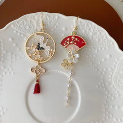 Crane and Fan Earrings with Cherry Blossom - Red Japanese Asymmetrical Fan unique earrings Dangle - Oriental earrings