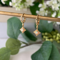 Opal Starburst Huggie Hoops, Opal Space Huggie Earrings, Opal Celestial Earrings,Opal Star Hoop Earrings