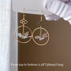 Crane Earrings with Clouds and Waves - Japanese Crane Asymmetrical unique earrings Dangle - Oriental earrings