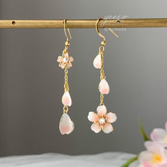 Pink Cherry Blossom Asymmetry Earrings - Japanese Sakura Flower Earrings - Cherry Blossom Earrings - Unique Floral Earrings Dangle