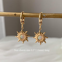 Gold Sun Charm Huggie Hoop Earrings, Sun Opal Earrings, Gold plated sun opal stone earrings