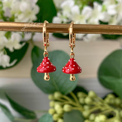 Red Mushroom Huggie Earrings - fun food fruit earrings - cute mushroom huggie hoops