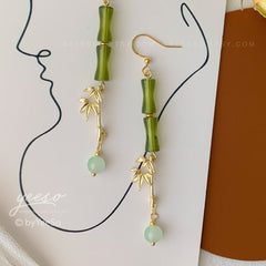 Green Bamboo Drop Dangling Earrings, Bamboo Handmade Earrings, unique dangle