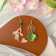 Lotus and Fish Earrings, Lily pad and Lotus flower dangle earrings, water lily Lotus earrings
