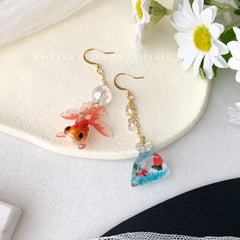 Fish in a Bag Earrings, Goldfish Asymmetry Earrings, Fish Earrings Dangle Unique
