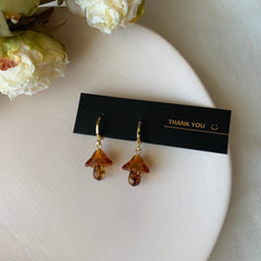 mushroom earrings - fun earrings - cute huggie earrings - gold hugggie
